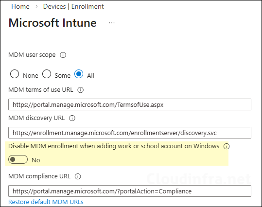 Keeping Disable MDM enrollment when adding a work or school account on Windows toggle disabled