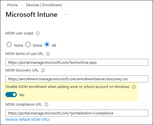 Disable MDM enrollment when adding a work or school account on Windows toggle Enabled