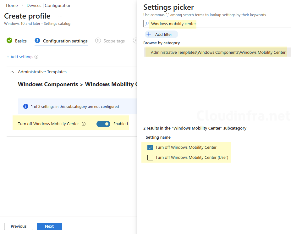 Enable/Disable Windows Mobility Center Intune Policy