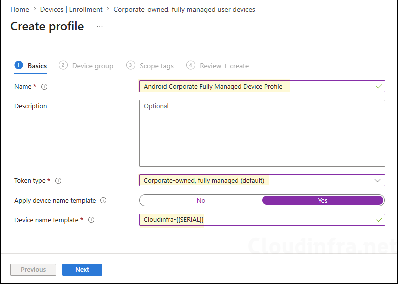 Provide Android COBO profile details