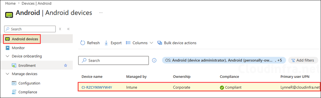Android Device Status on Intune Admin Center