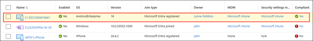Android Device Status on Entra Admin Center