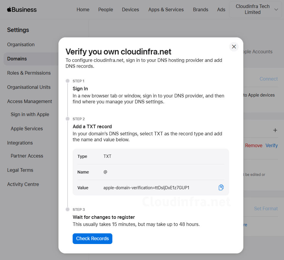 Copy the DNS TXT record for domain verification
