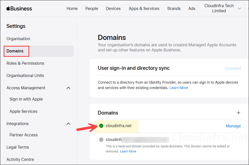 Domain successfully verified in Apple business