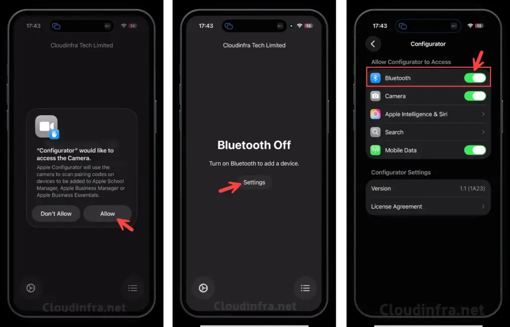 turn camera and bluetooth on in apple configurator app