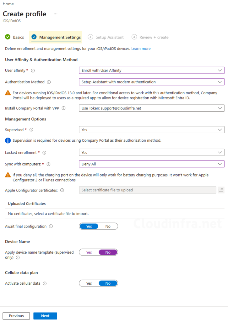 Management settings for Automated device enrollment profile