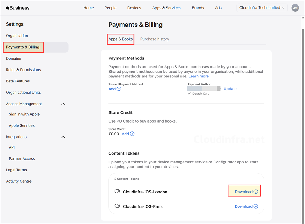 Download Content Token for OU on Apple Business
