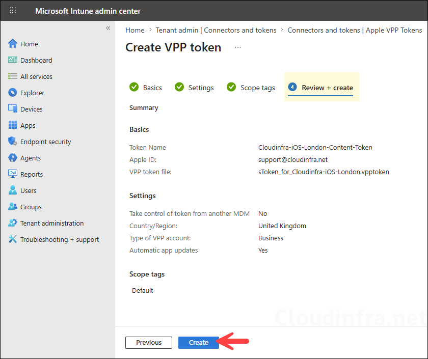 Review and Create VPP Token on Intune