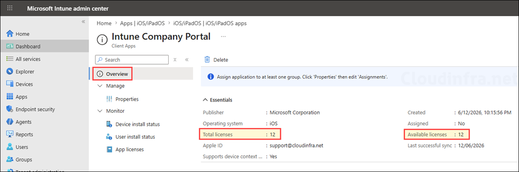 Total and available license information of VPP app Intune