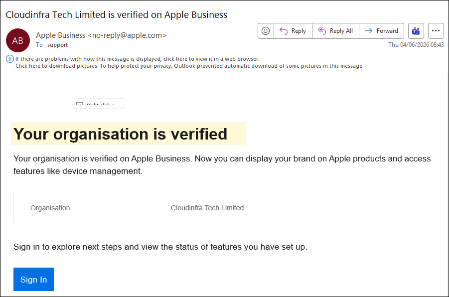 Apple business verified orgnaizaiton email