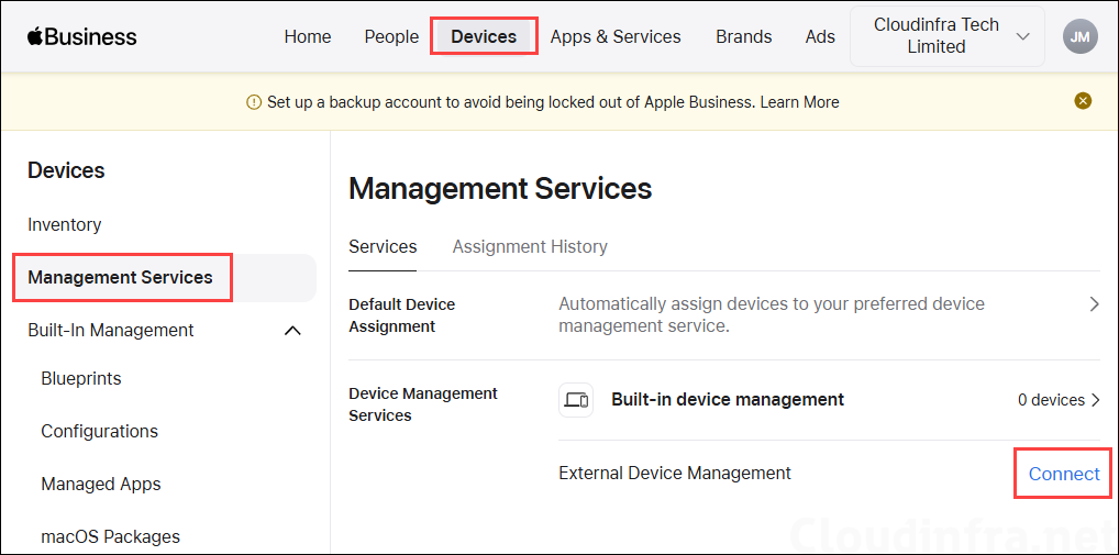 Connect external Device Management in Apple business