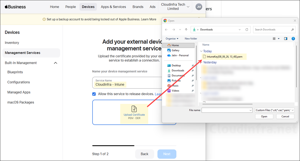 Upload public Key in Apple business for Intune connection