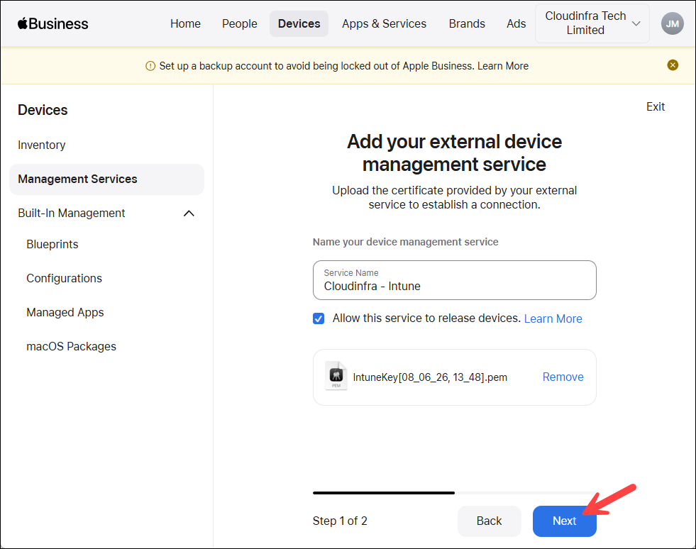 Create device management service connection