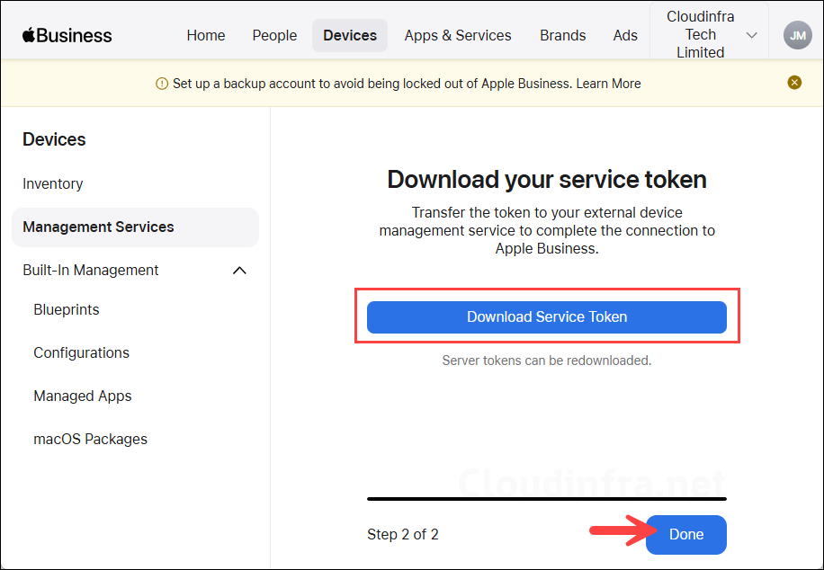 Download service token from apple business