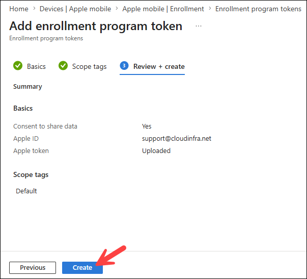 Review enrollment program token creation summary