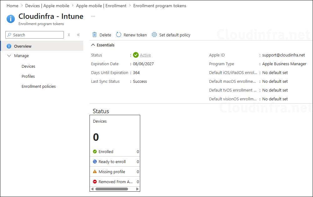 enrollment program token added successfully on Intune