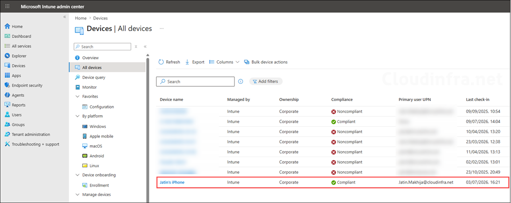 Verify iOS device enrollment on Intune admin center