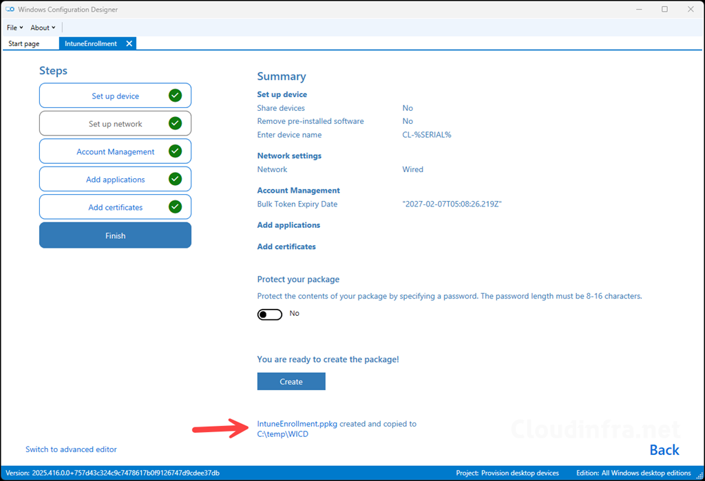 Provisioning package created successfully
