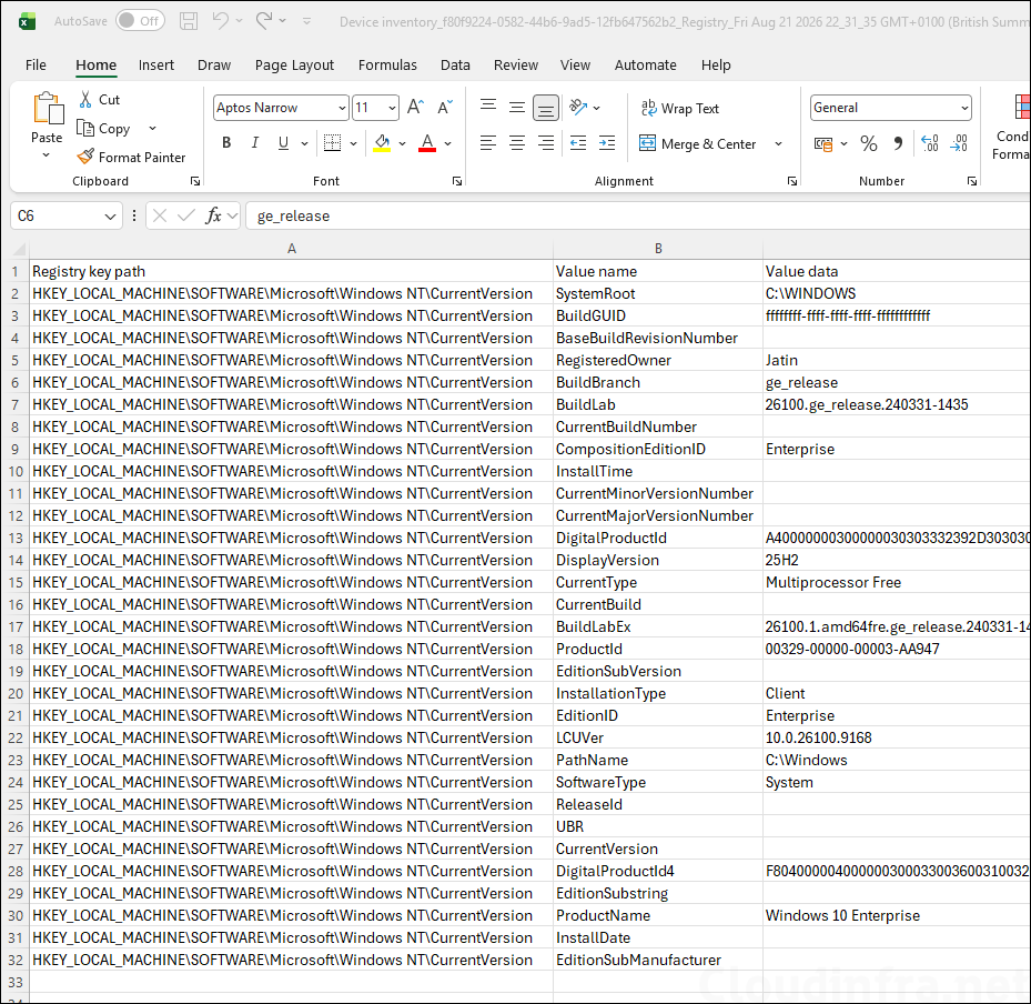 Registry data exported to CSV file