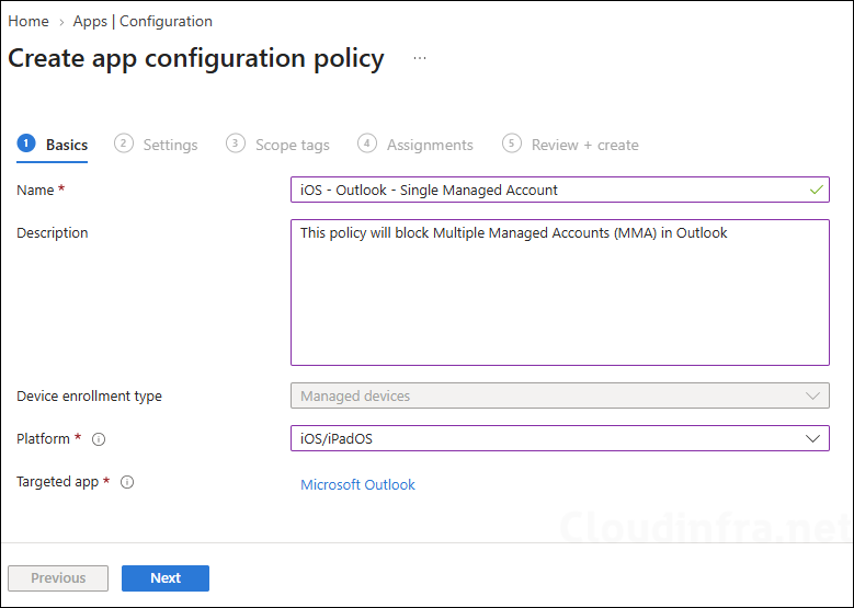 Create app config policy for MMA basics tab