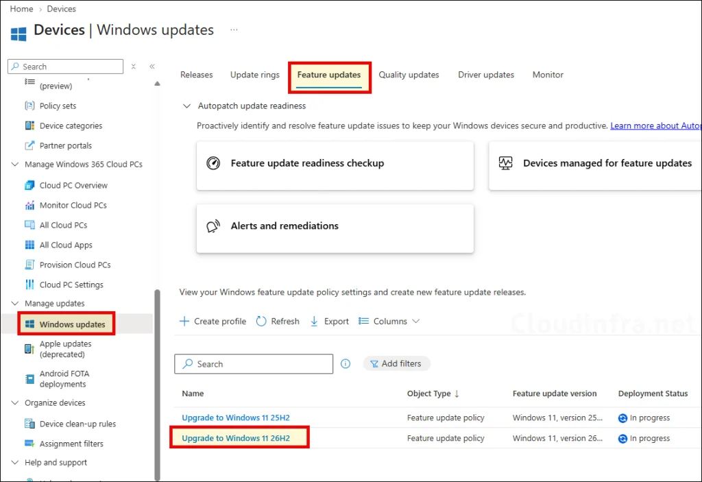 Feature update policy to 26H2 created