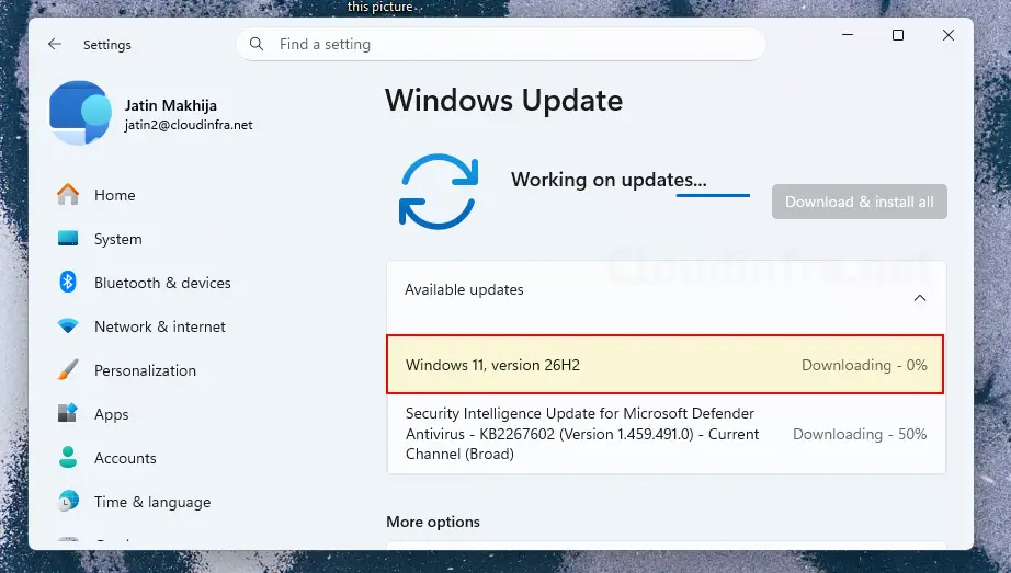 Windows 11 26H2 feature update offering to client screenshot