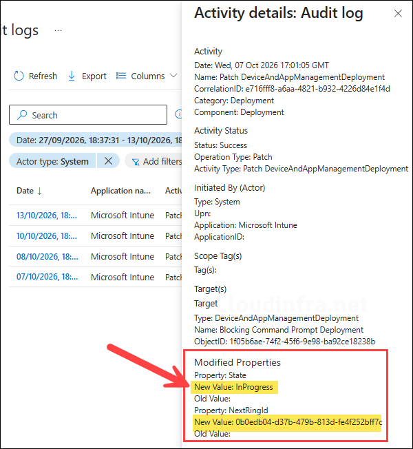 Activity log for deployments intune