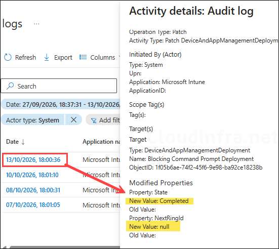 Audit log for completed deployment